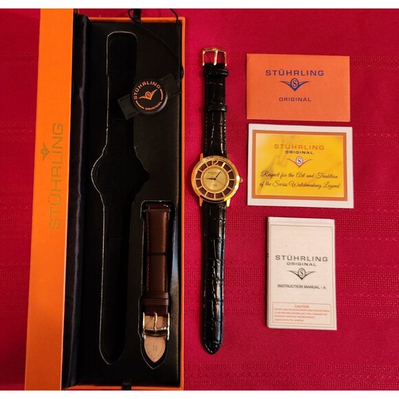 Stuhrling Men's Skeleton Watch w Box w/ 2 Leather Bands New Old Stock - Picture 10 of 12